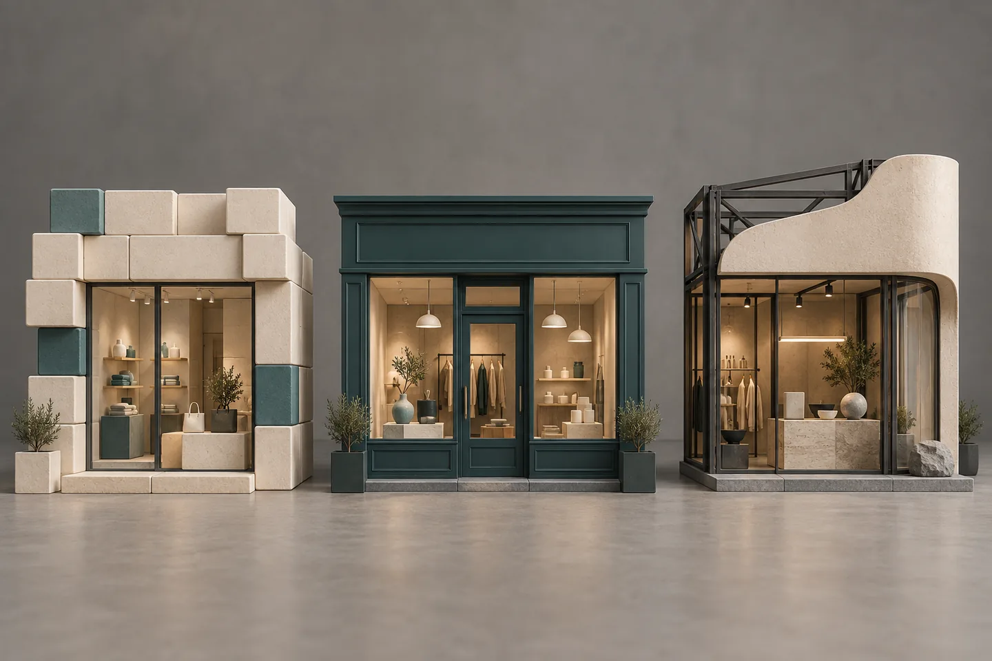 Drei Mini-Schaufenster zeigen einen modularen, verwalteten und individuell entwickelten Shop