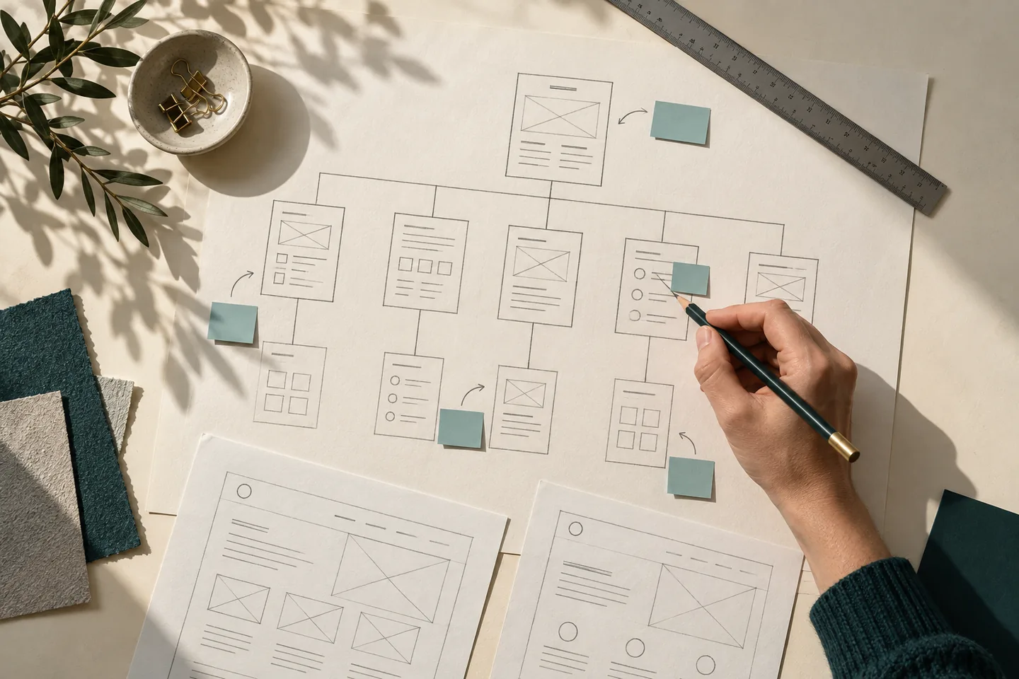 Die Struktur einer Website auf Papier mit Bleistift und Seiten-Skizzen planen