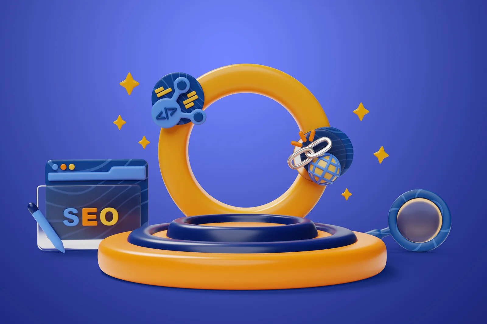 3D-Illustration von SEO, Webseite, Links und Suche