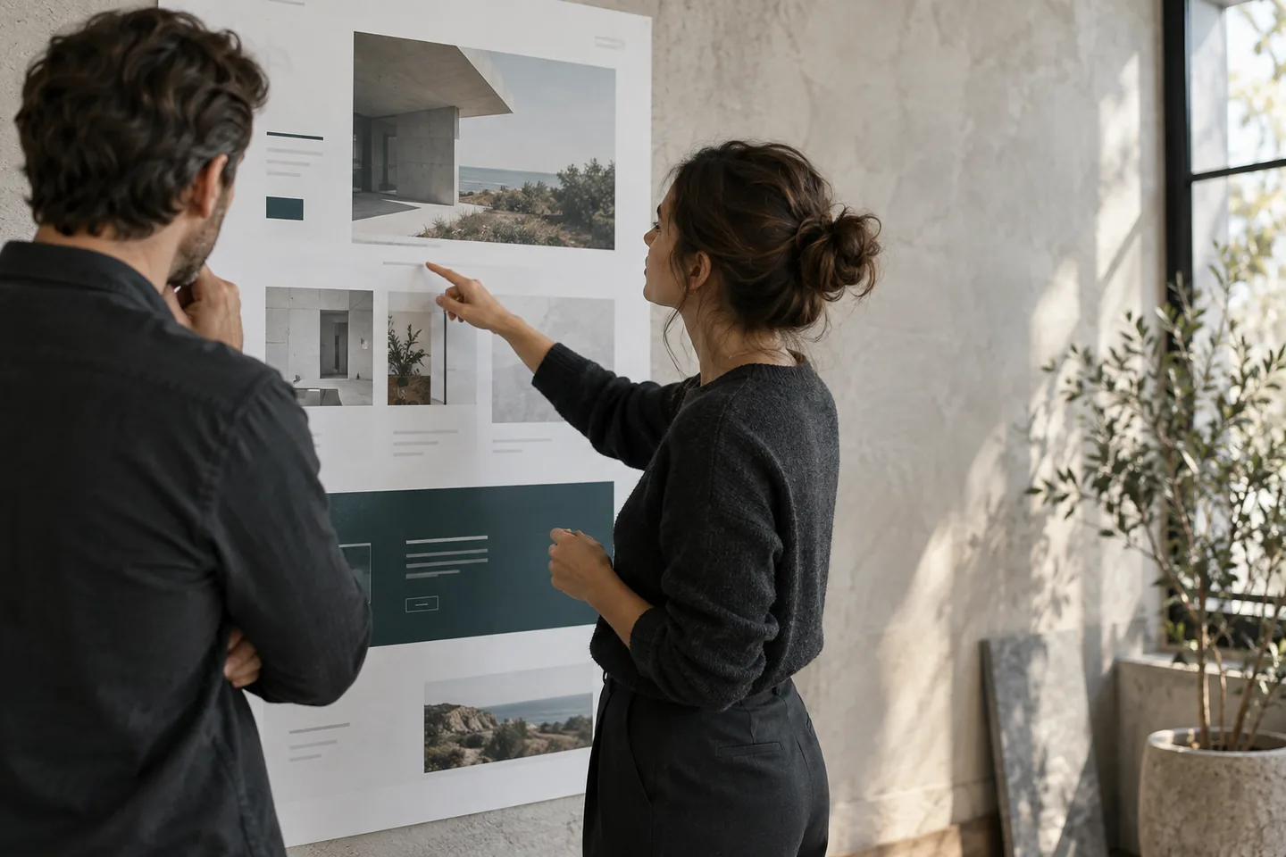 Client and designer discuss website layout on a large board in the studio