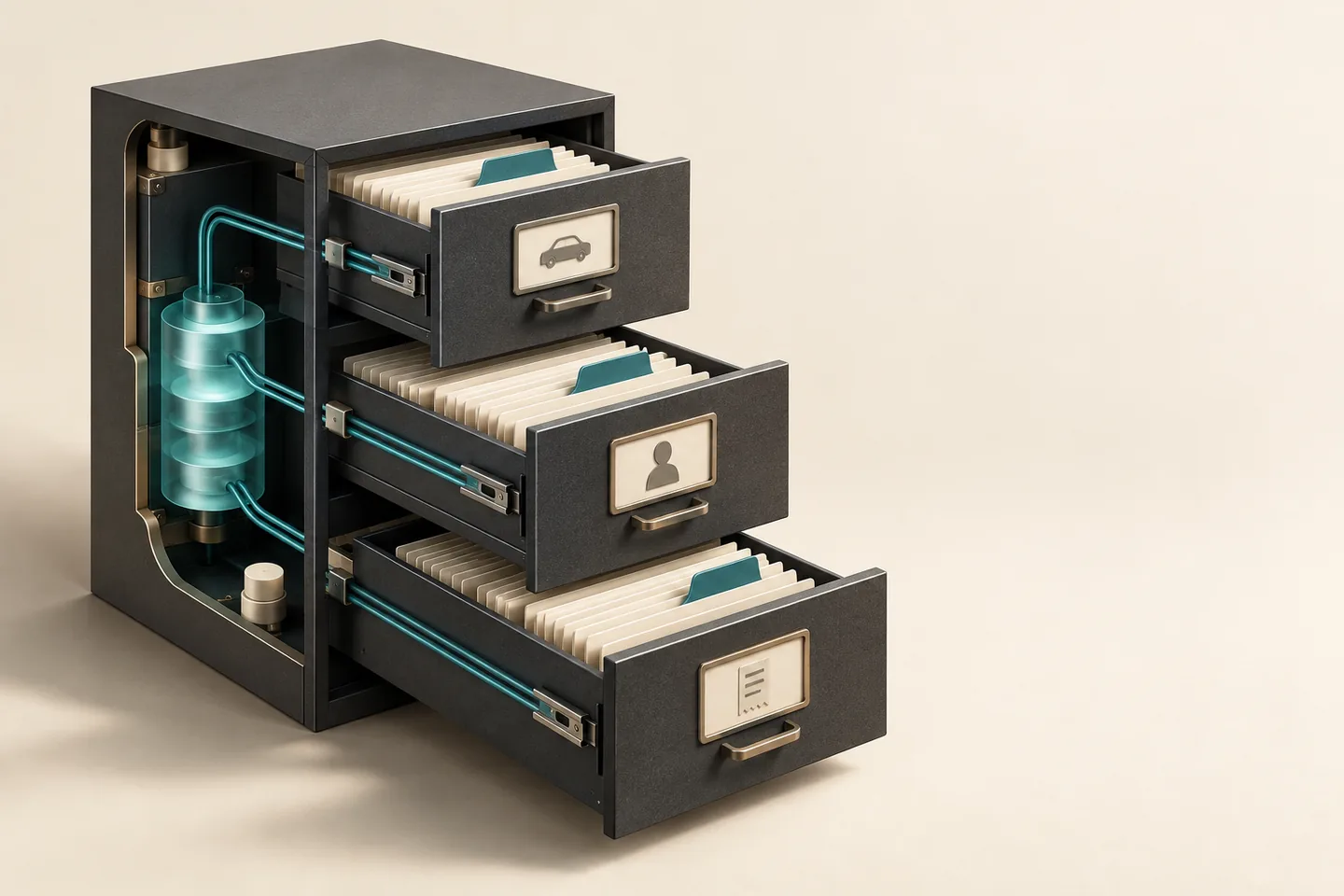Illustration of linked vehicle, customer, and financial records in an organized archive