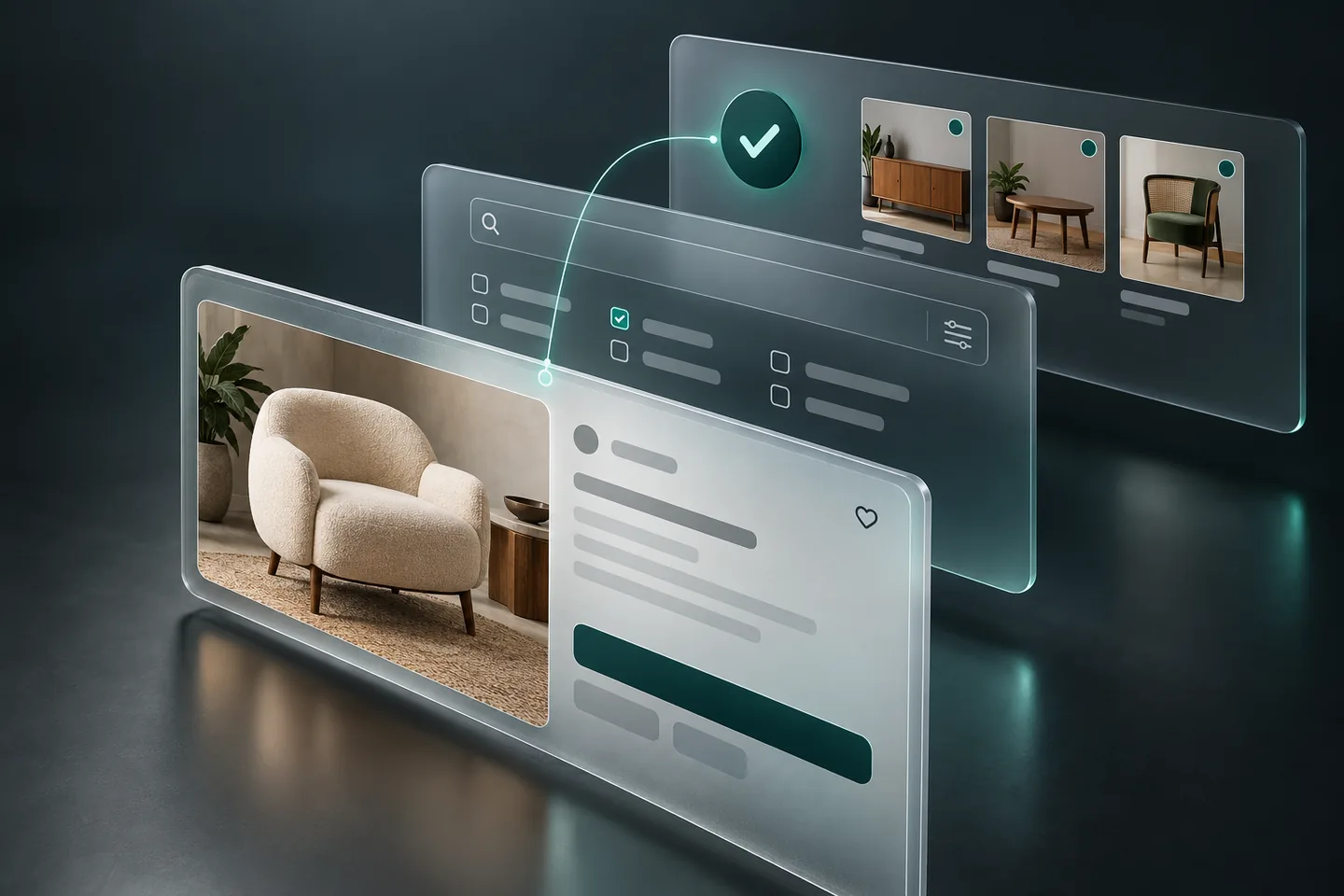 Illustration of furniture listings, search filters, and post approval