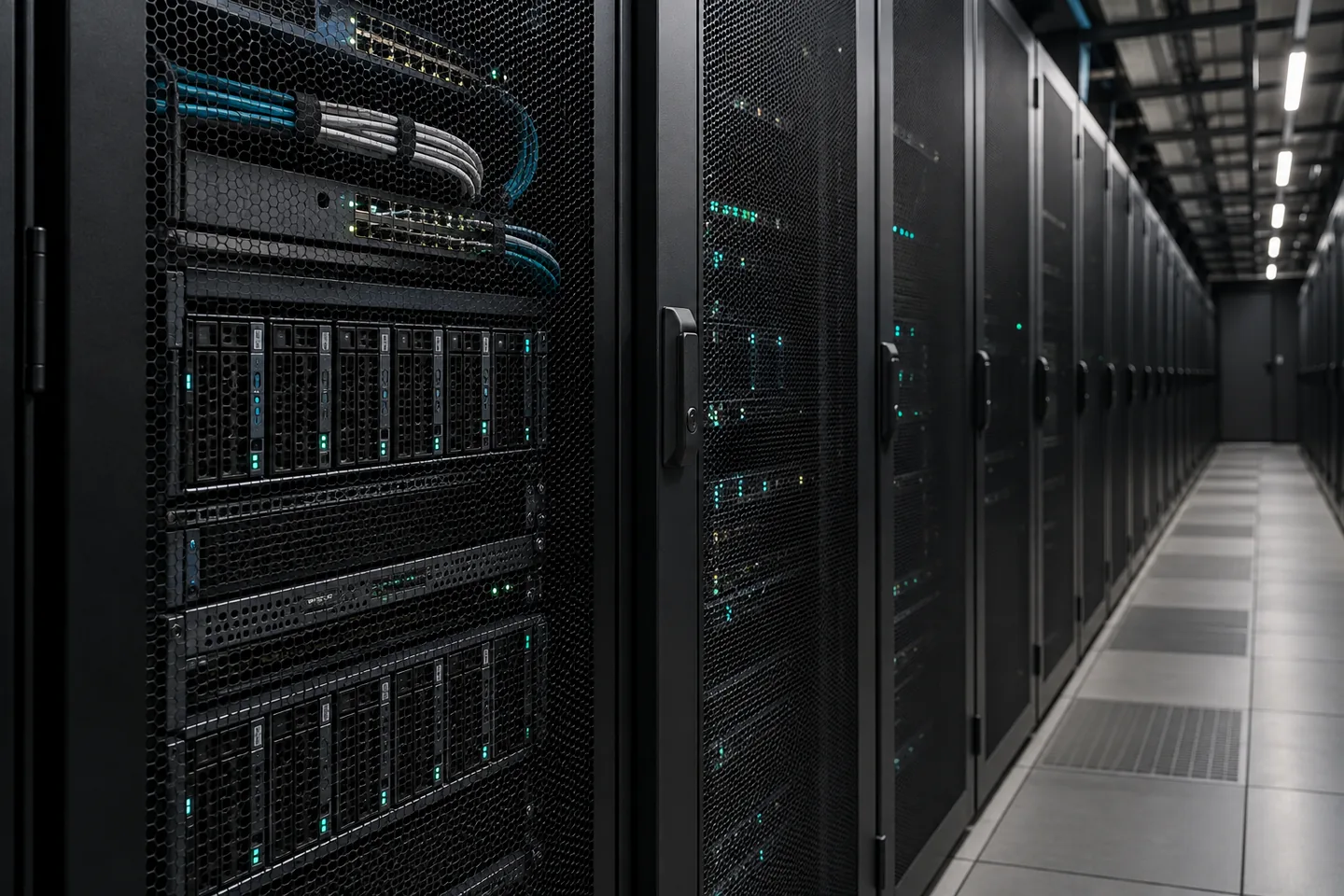 Neatly arranged server racks with network equipment and status lights